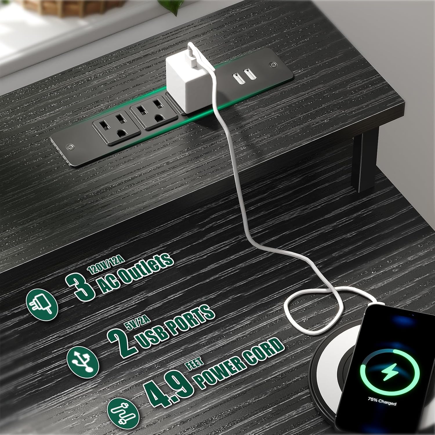 Gaming Desk with Power Outlets and LED Lights, Reversible Computer Desk Black - Image 4