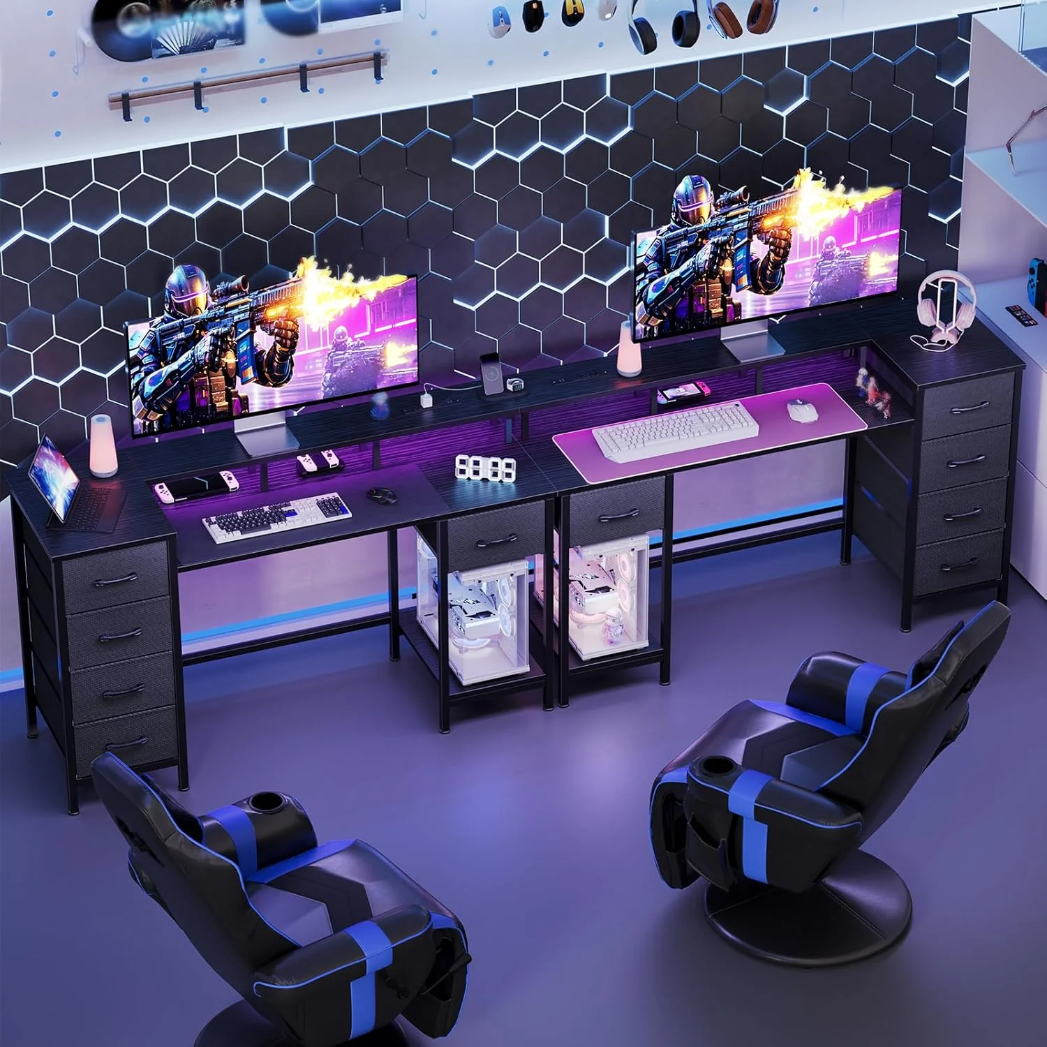Gaming Desk with Power Outlets and LED Lights, Reversible Computer Desk Black - Image 5
