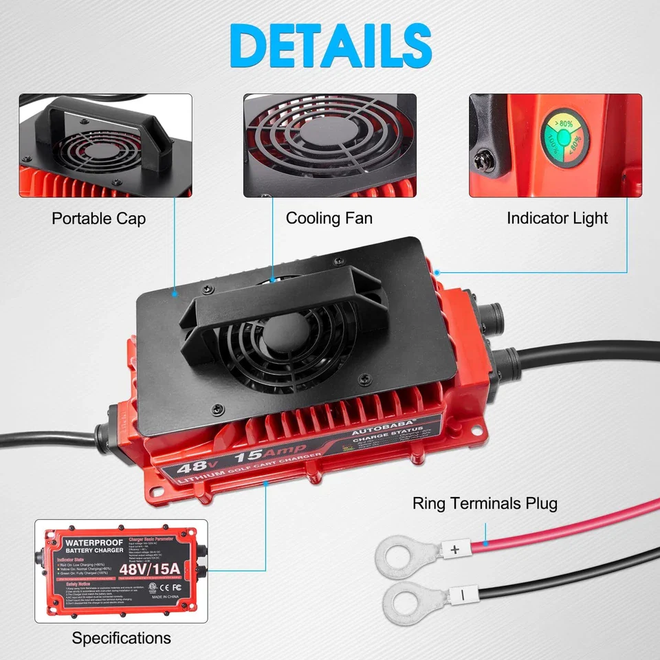 Lithium Onboard Golf Cart Battery Charger w/ Ring Terminals Plug - Image 2