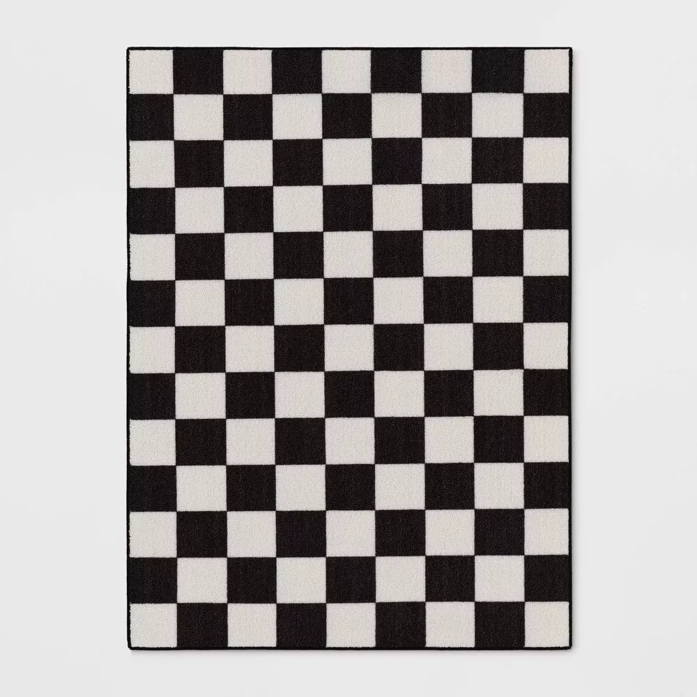 Washable Small Checker Accent Rug Charcoal and Ivory - Checkered 4'x5'5"