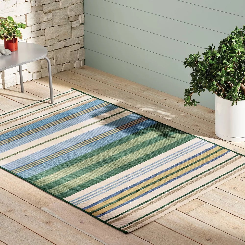 Striped Rectangular Woven Outdoor Area Rug Blue 4'x6' - Image 2