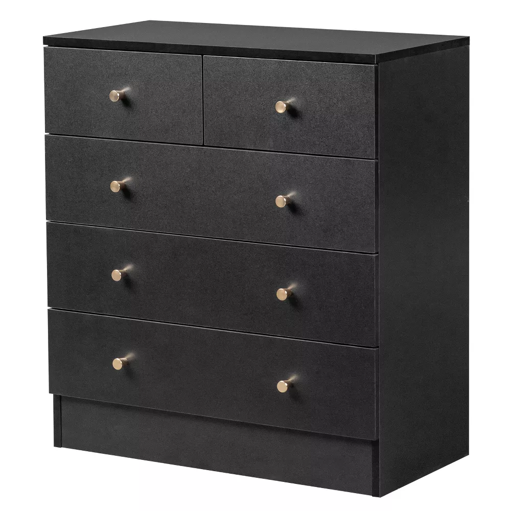 5 Drawer Dresser with Gold Handle, Grey Black