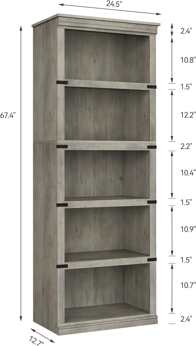 5 Tier Bookcase, Farmhouse Book Shelf with Storage - Image 4