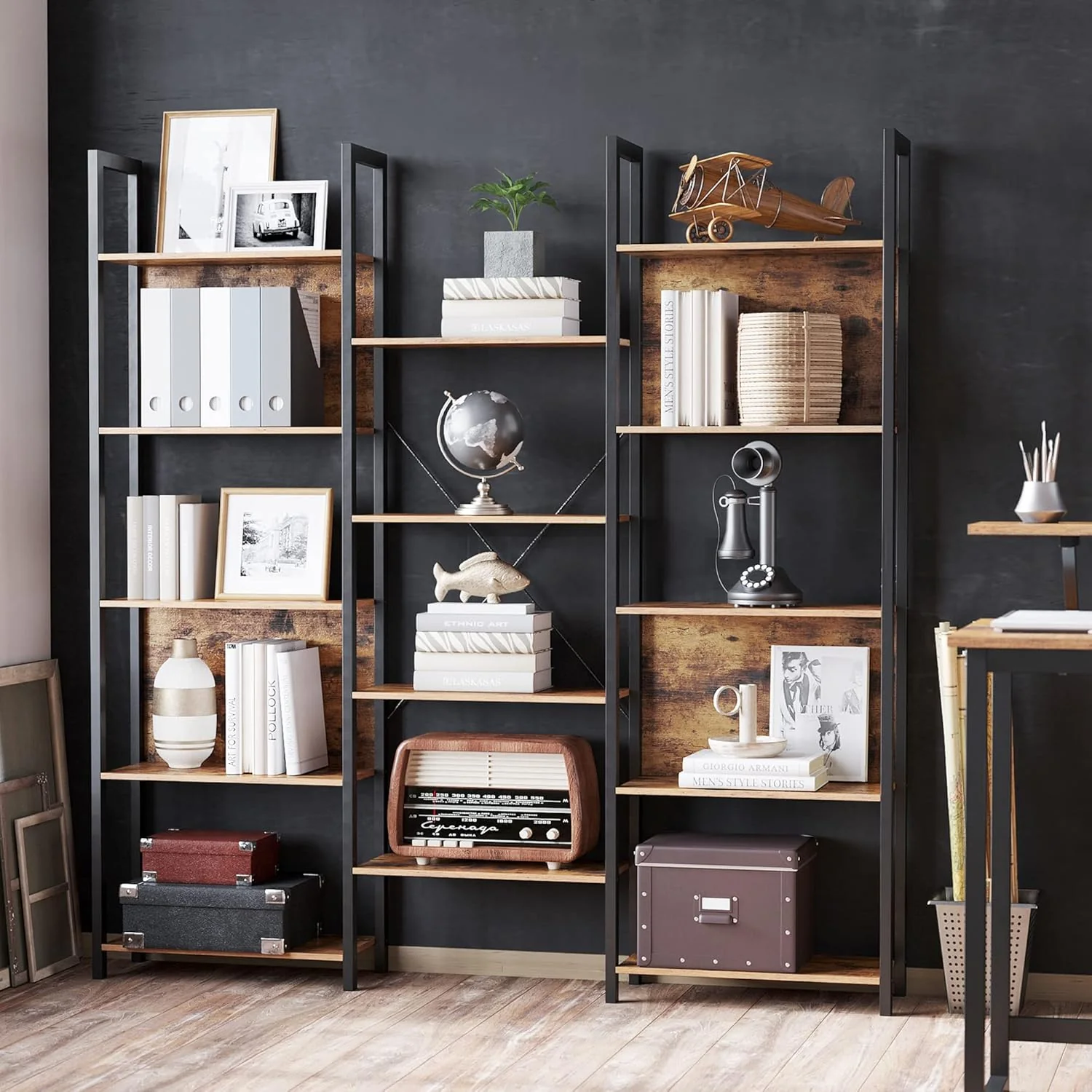 5-Tier Bookcase with 14 Shelves, Book Shelf with Metal Frame Rustic Brown and Black - Image 2