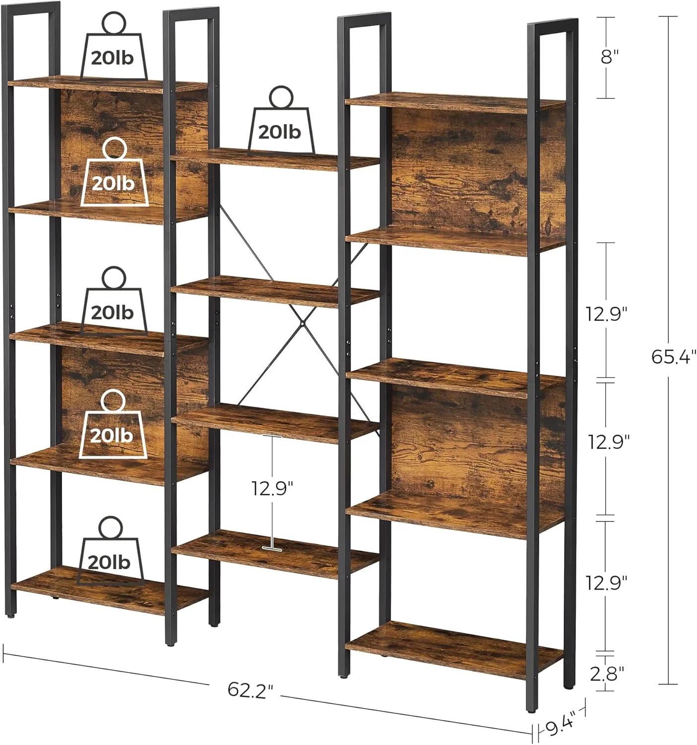 5-Tier Bookcase with 14 Shelves, Book Shelf with Metal Frame Rustic Brown and Black - Image 3