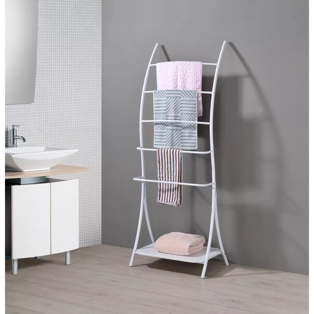 5-Tier Freestanding Metal Towel Rack with Storage Shelf, White - Image 2