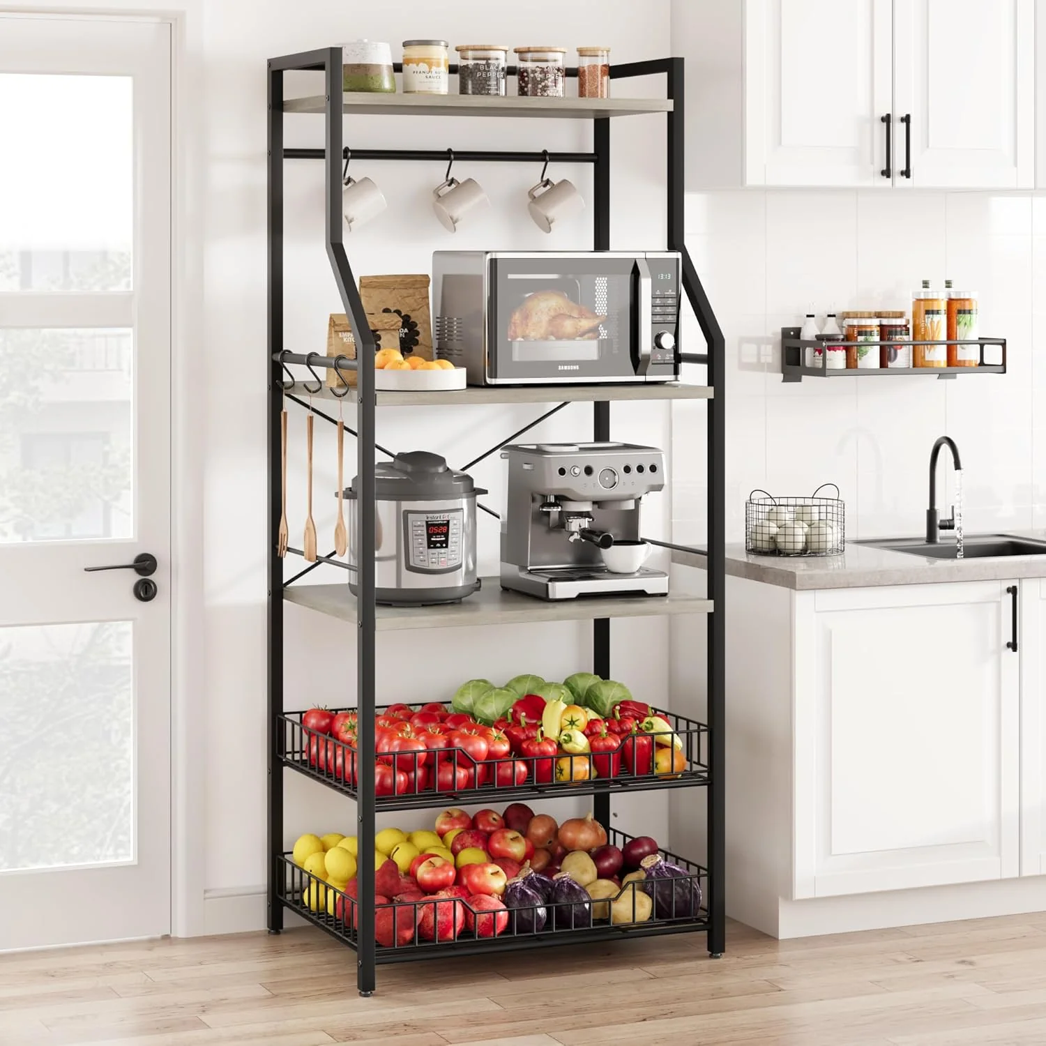 5-Tier Kitchen Bakers Rack with 2 Wire Baskets & 8 Hooks, Black+Gray