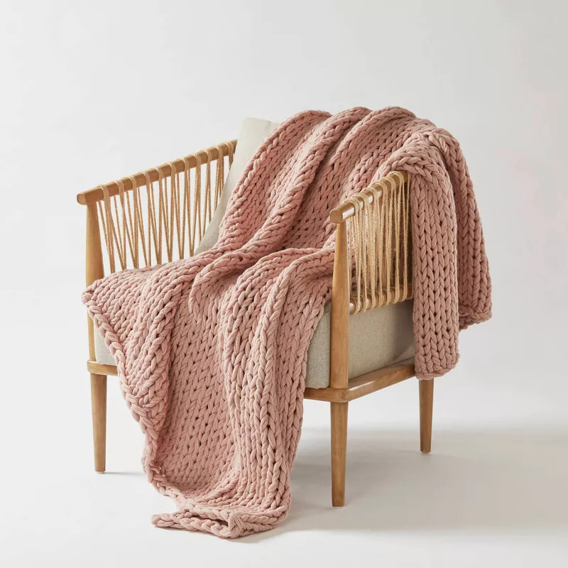 Chunky Double Knit Handmade Throw Blanket Blush - Image 4