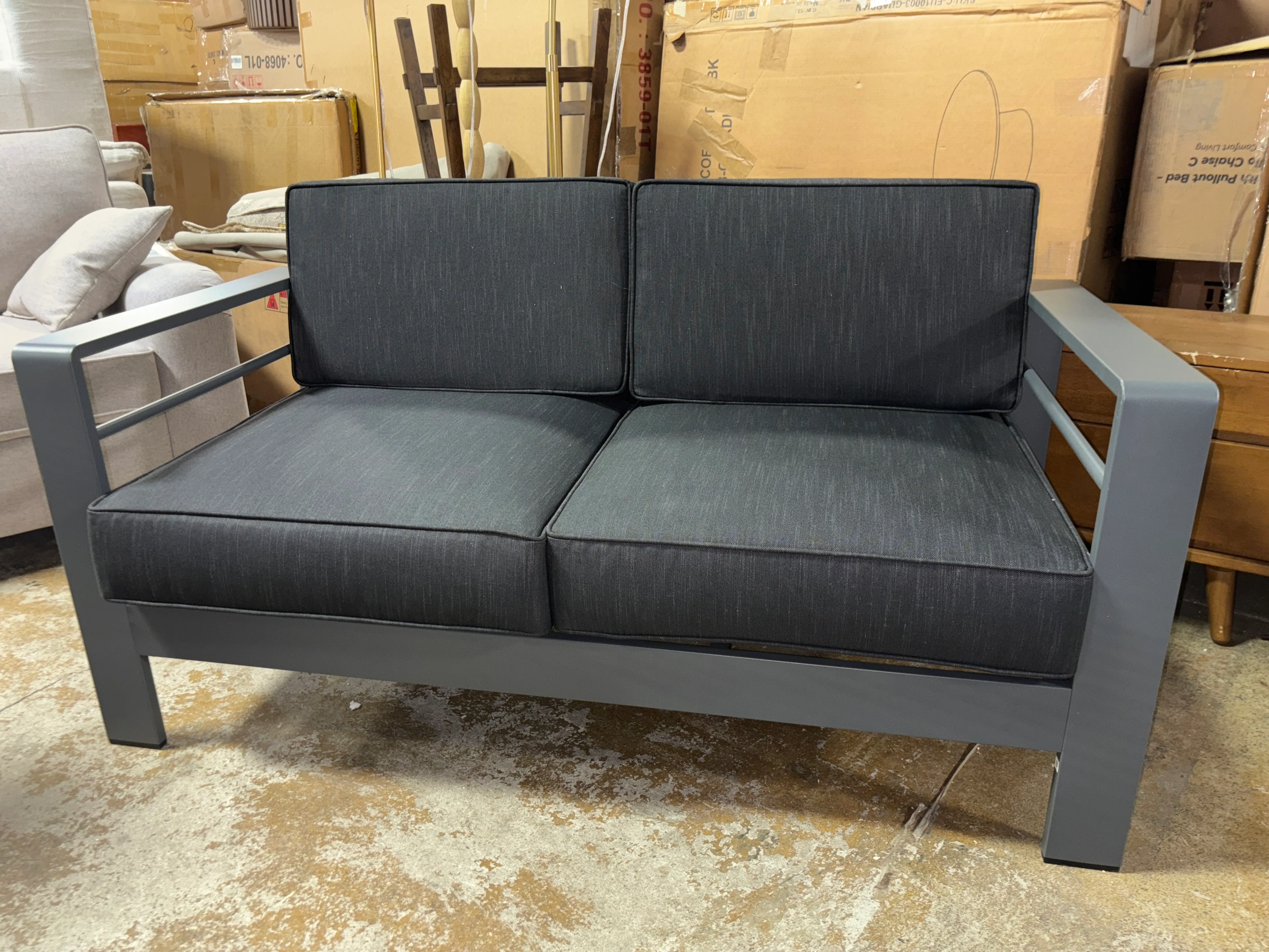 56.75'' Metal Outdoor Loveseat with Cushions - Gray/Dark Gray SHOWROOM ITEM - Image 2