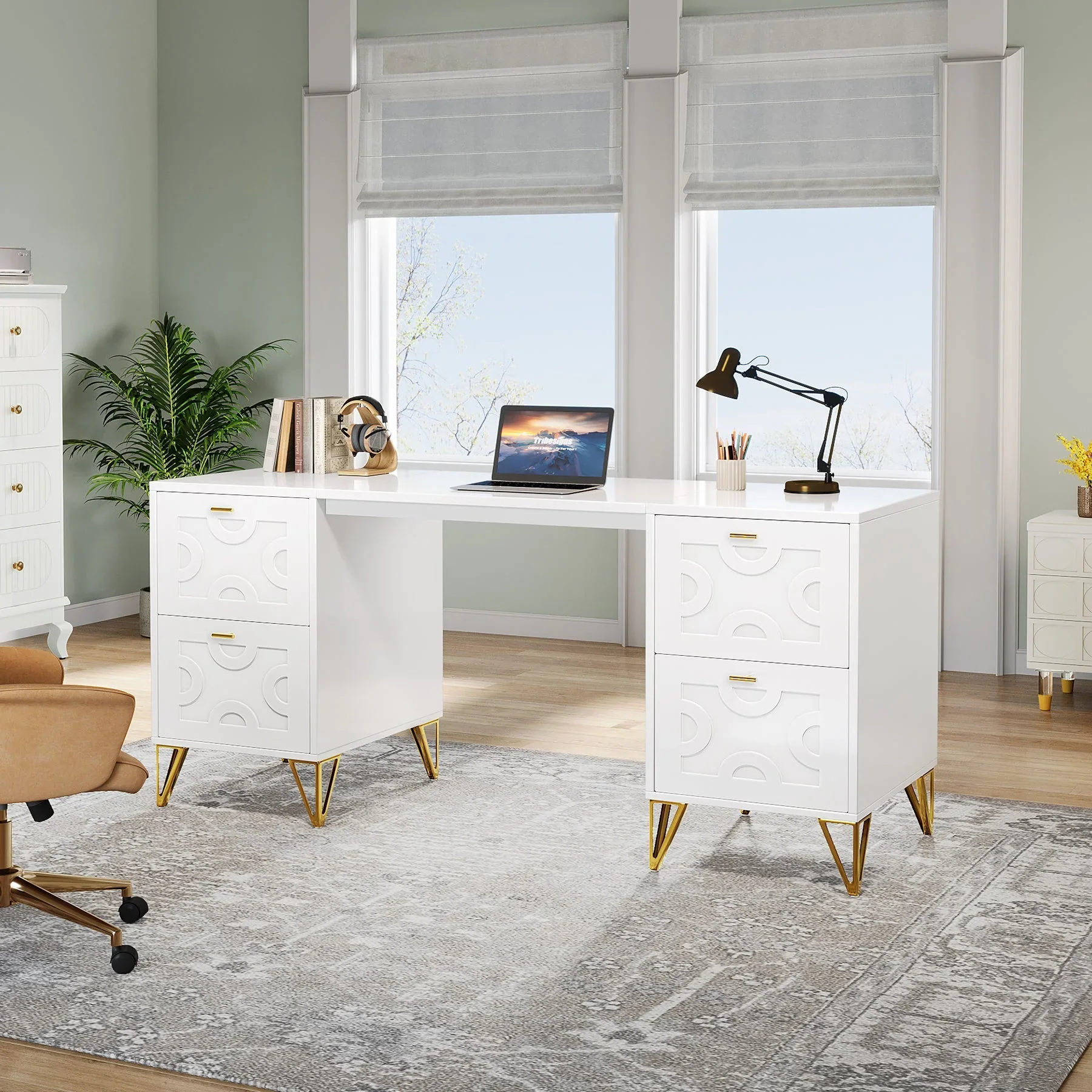 White Computer Desk with File Drawers, Wood Executive - Image 2