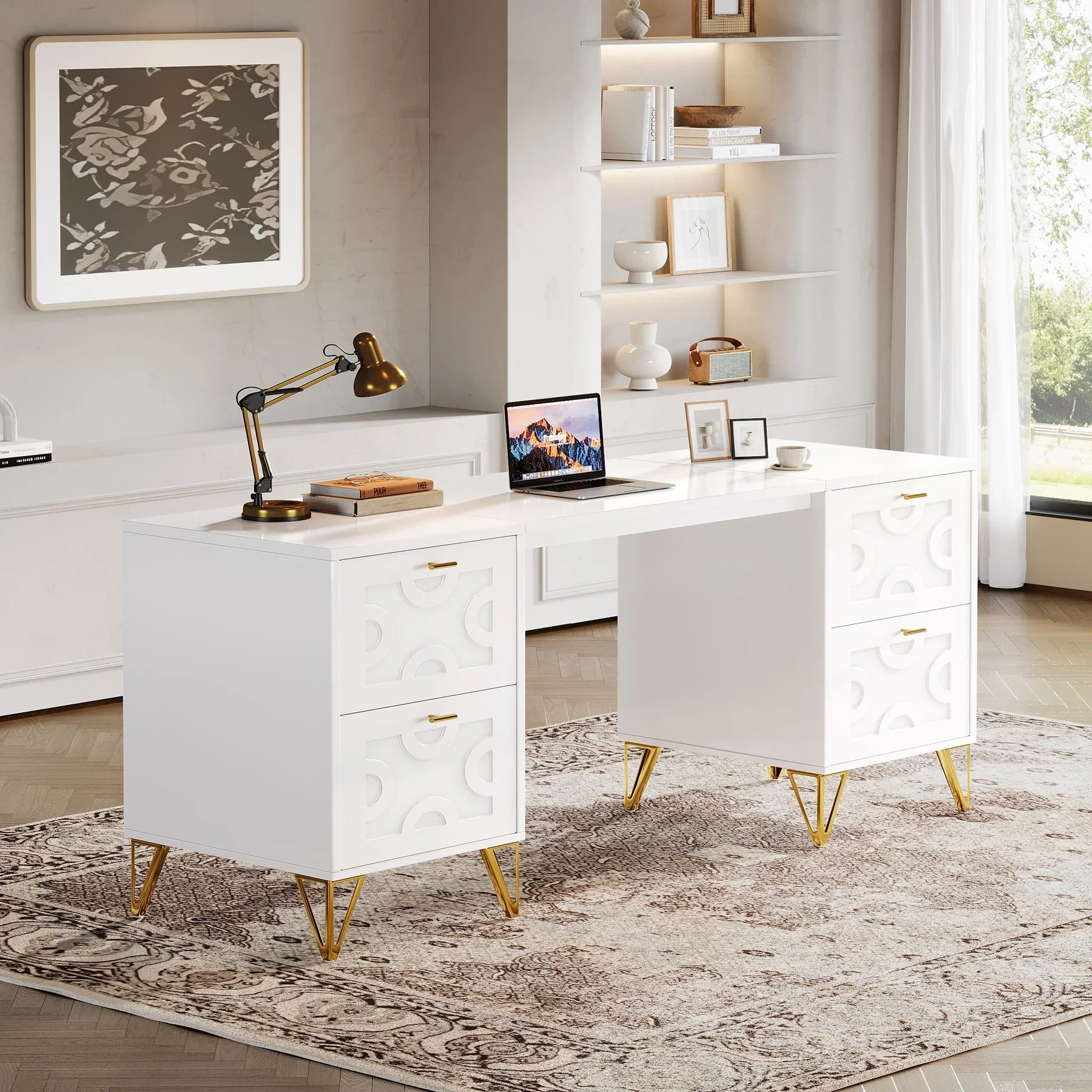 White Computer Desk with File Drawers, Wood Executive - Image 4