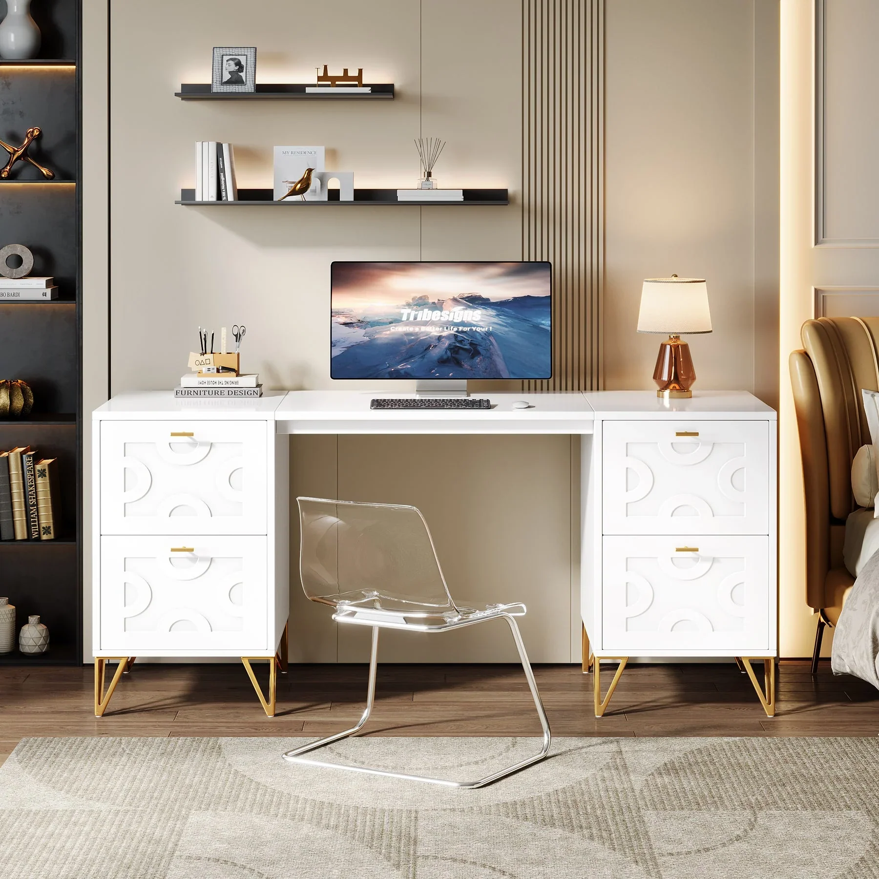 White Computer Desk with File Drawers, Wood Executive - Image 5