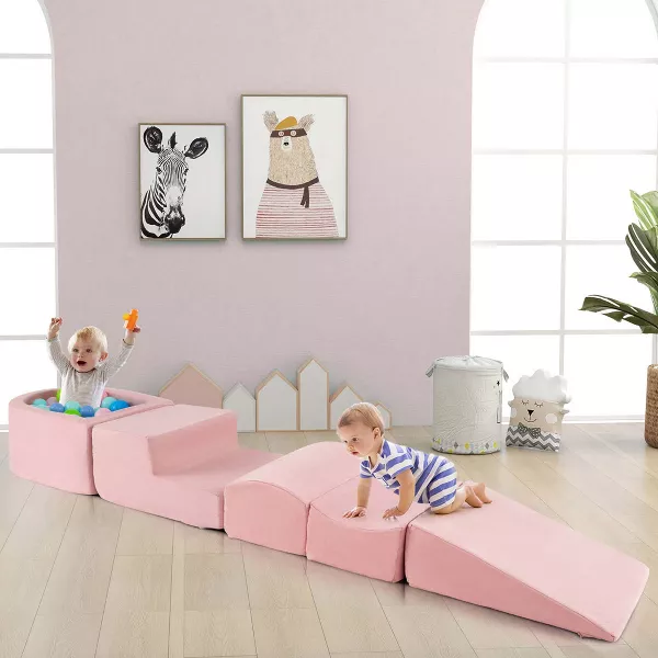 5PCS Climb and Crawl Playset with Ball Pit for Kids Zippers for Playroom Pink, - Image 4