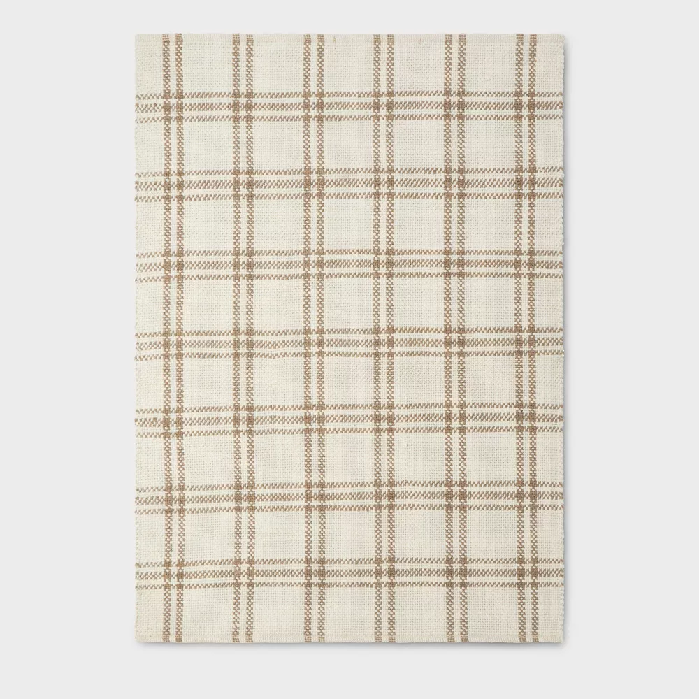 5'x7' Cottonwood Handwoven Plaid Wool/Cotton Area Rug Cream/Tan