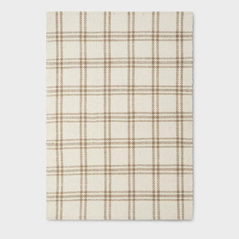 Cottonwood Handwoven Plaid Wool/Cotton Area Rug Cream/Tan 5'x7'