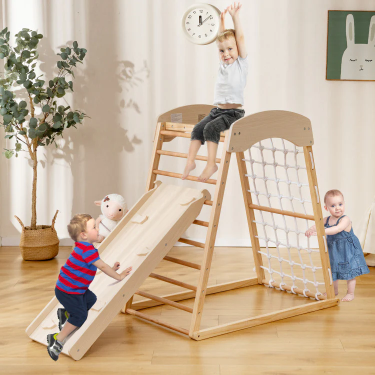 6-in-1 Jungle Gym Wooden Indoor Playground with Double-Sided Ramp and Monkey Bars - Image 3