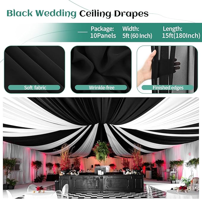6 Panels Black Ceiling Drapes for Wedding Ceiling Drapes - Image 2