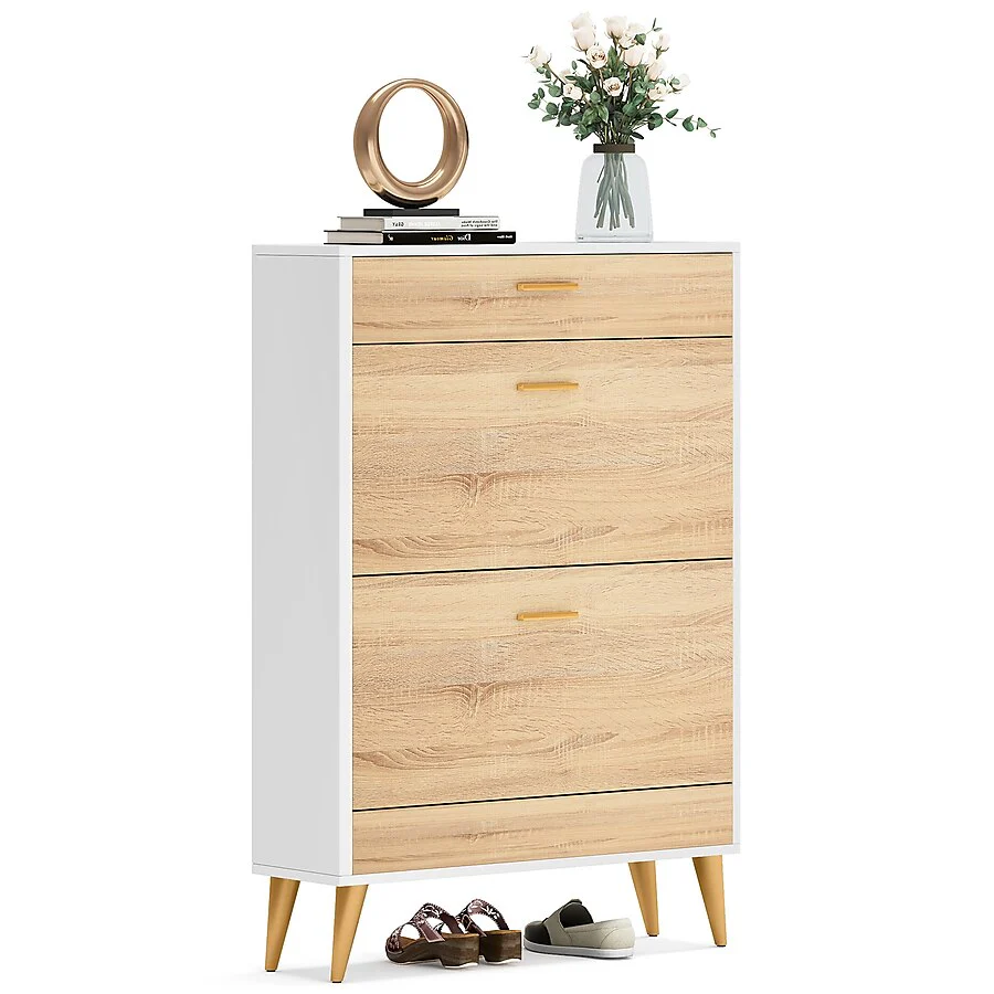 6 Tier 14 Pair Wood/White Engineered Wood Shoe Cabinet