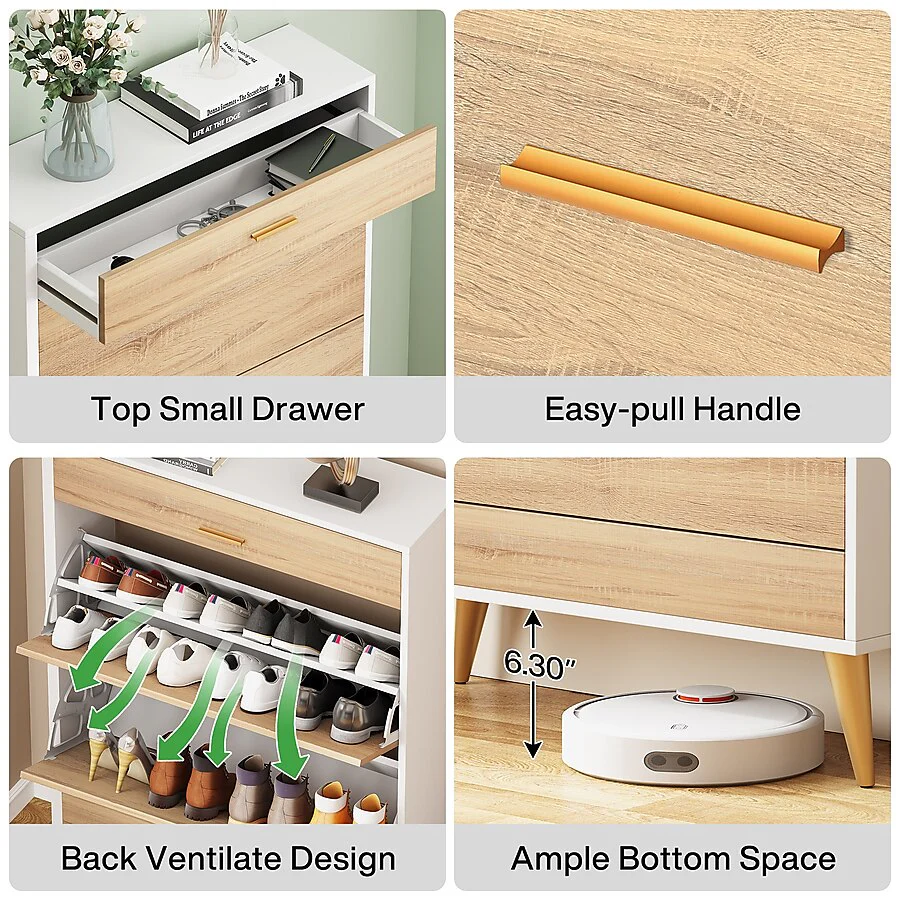 6 Tier 14 Pair Wood/White Engineered Wood Shoe Cabinet - Image 3