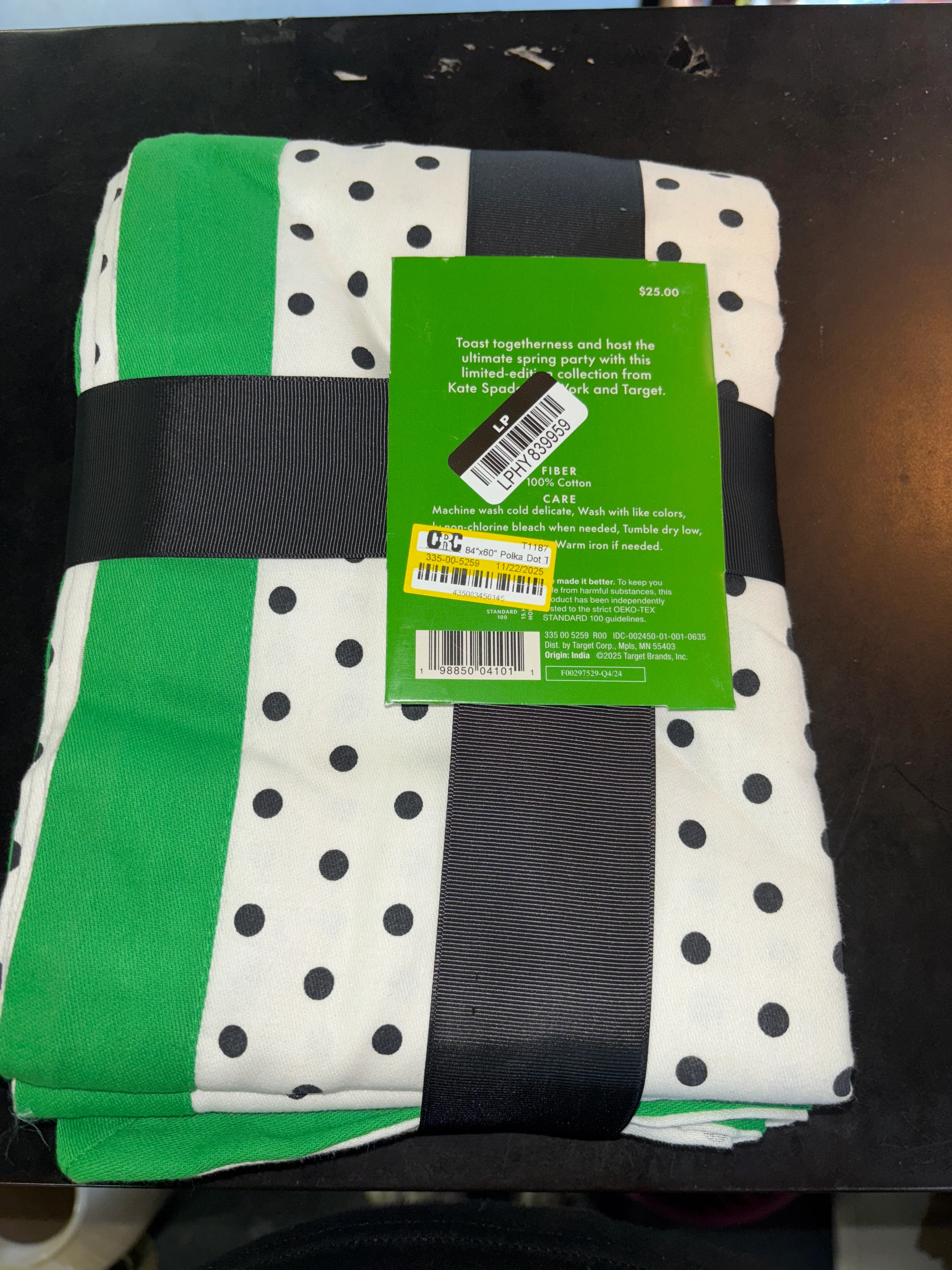 60"x84" Kate Spade Tablecloth Green White Black Polka Dot SHOWROOM ITEM - Image 3