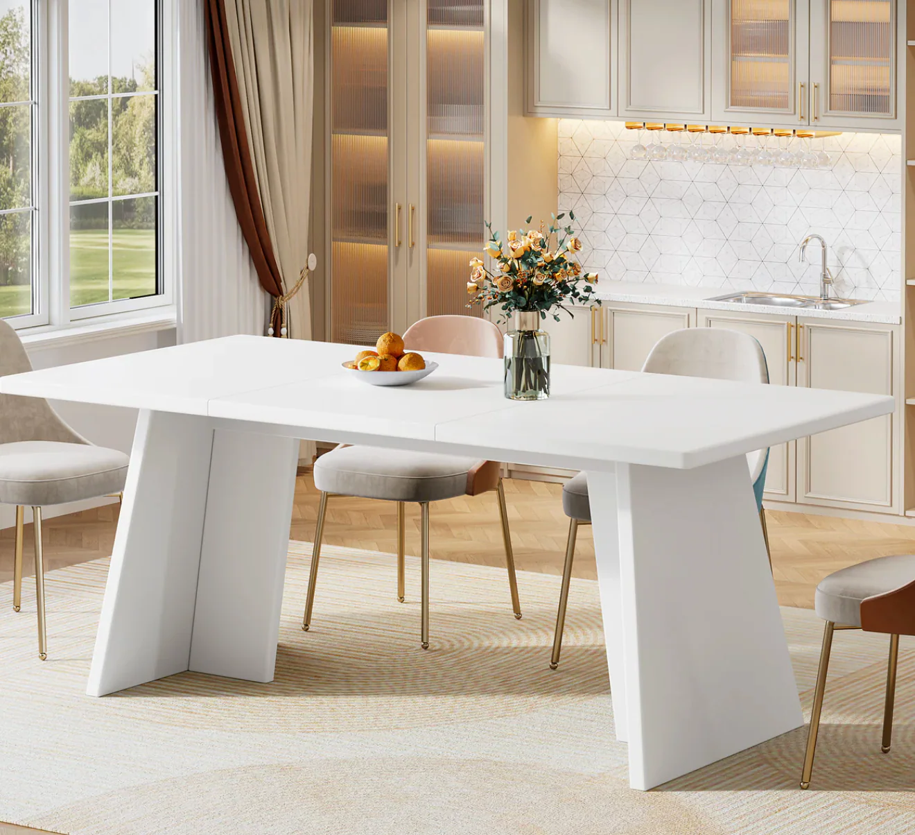 63" Dining Table, Modern Kitchen Table with Double Robust Pedestal for 4-6 SHOWROOM ITEM