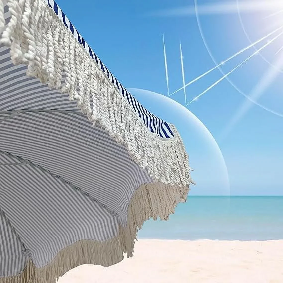 Blue Striped Outdoor Umbrella With Fringe Beach Umbrellas For Sand - Image 2