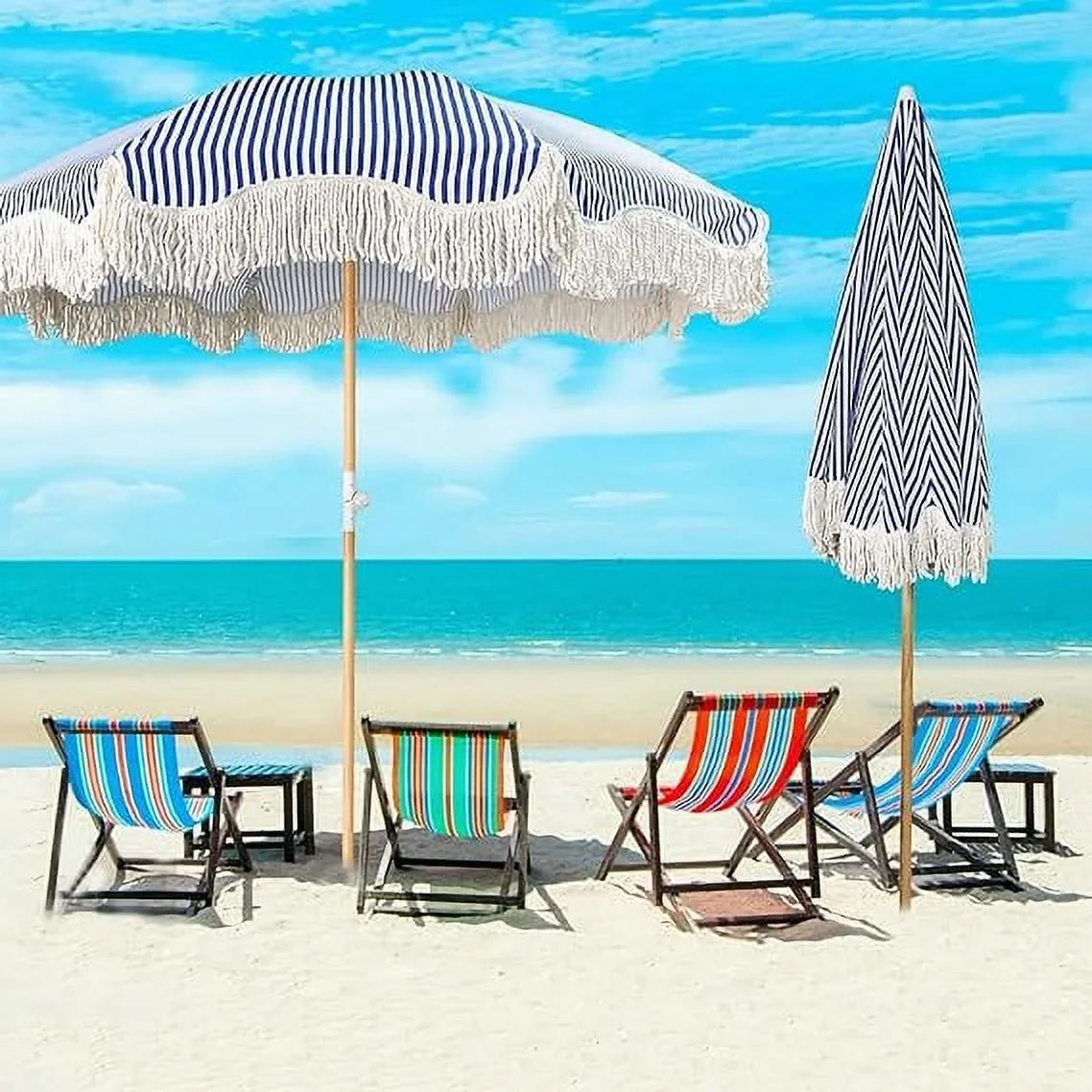 Blue Striped Outdoor Umbrella With Fringe Beach Umbrellas For Sand - Image 3