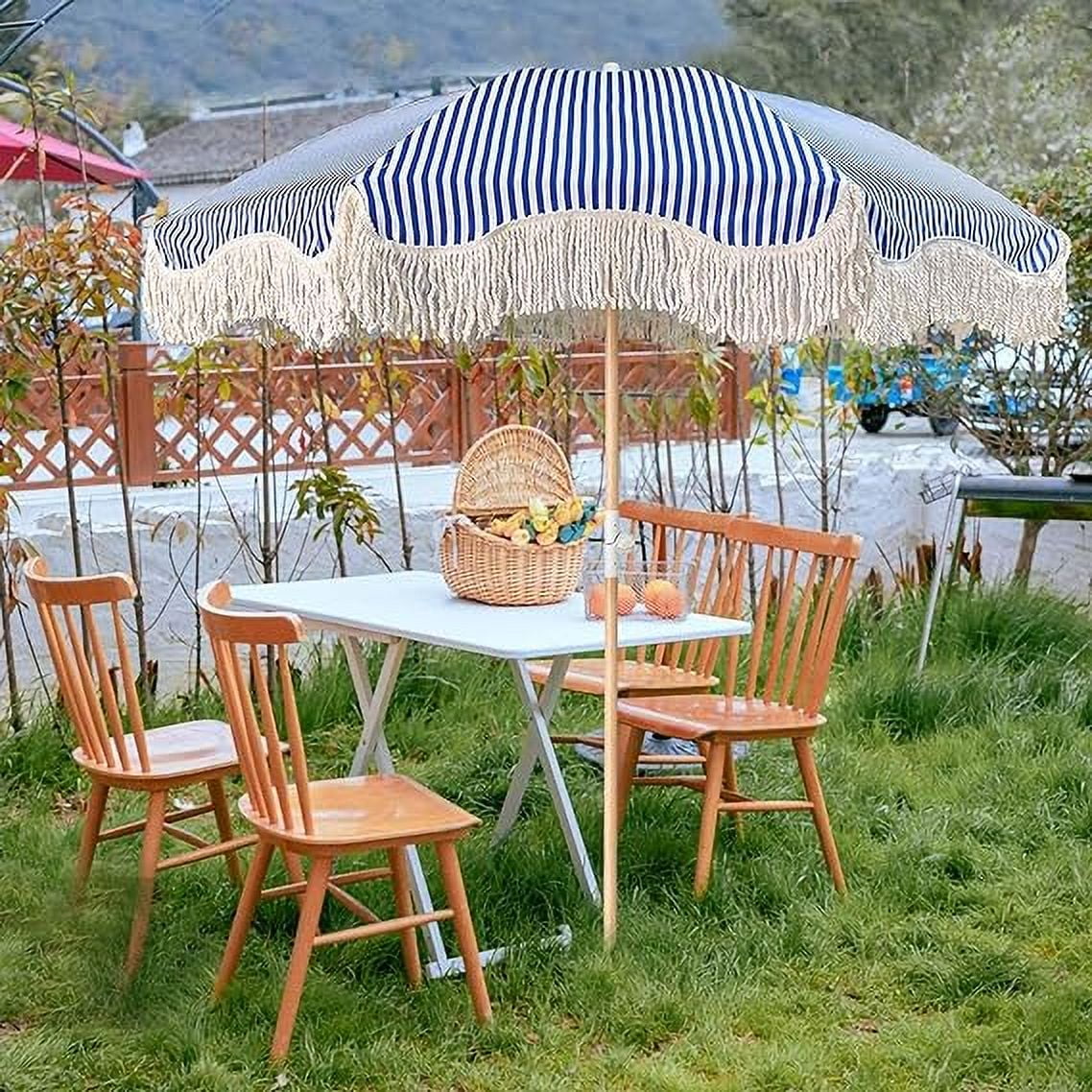 Blue Striped Outdoor Umbrella With Fringe Beach Umbrellas For Sand - Image 4