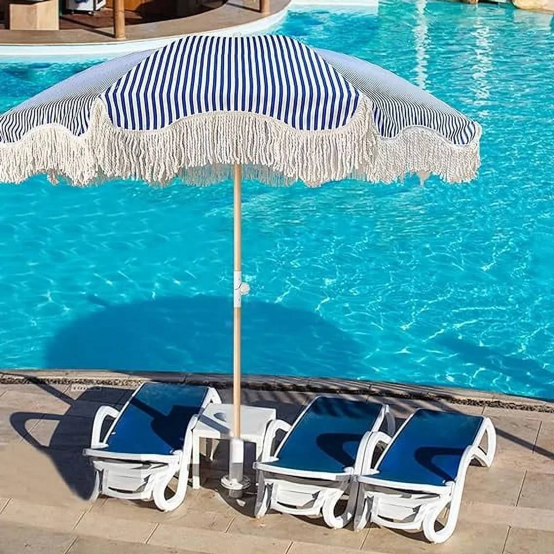 Blue Striped Outdoor Umbrella With Fringe Beach Umbrellas For Sand - Image 5