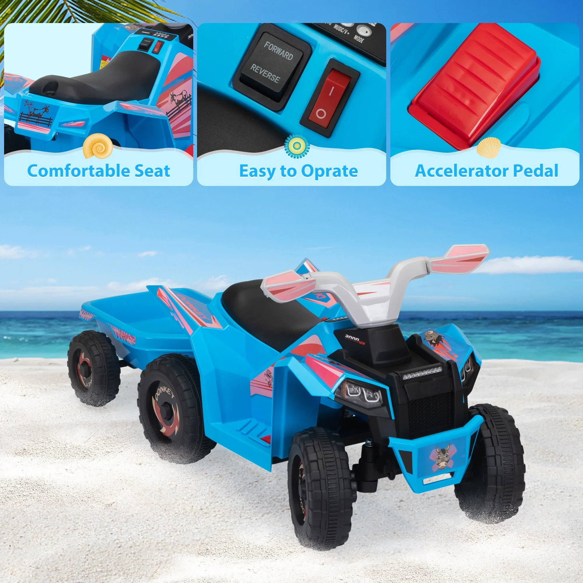 Kids Ride on ATV Quad Battery Powered 4-Wheeler Toy Car W/ Trailer, Blue - Image 5