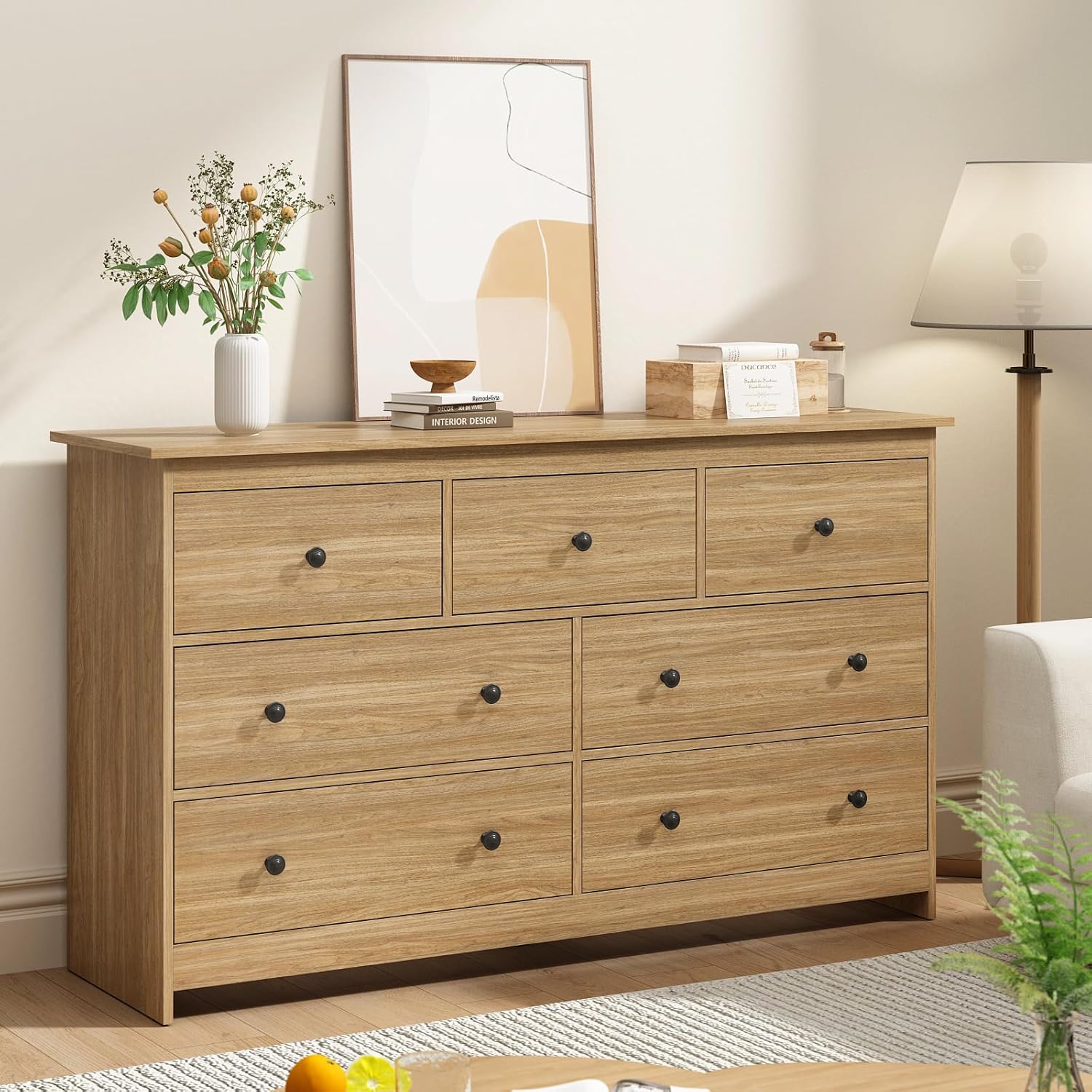 7 Drawer Dresser for Bedroom, Natural Wood Chest