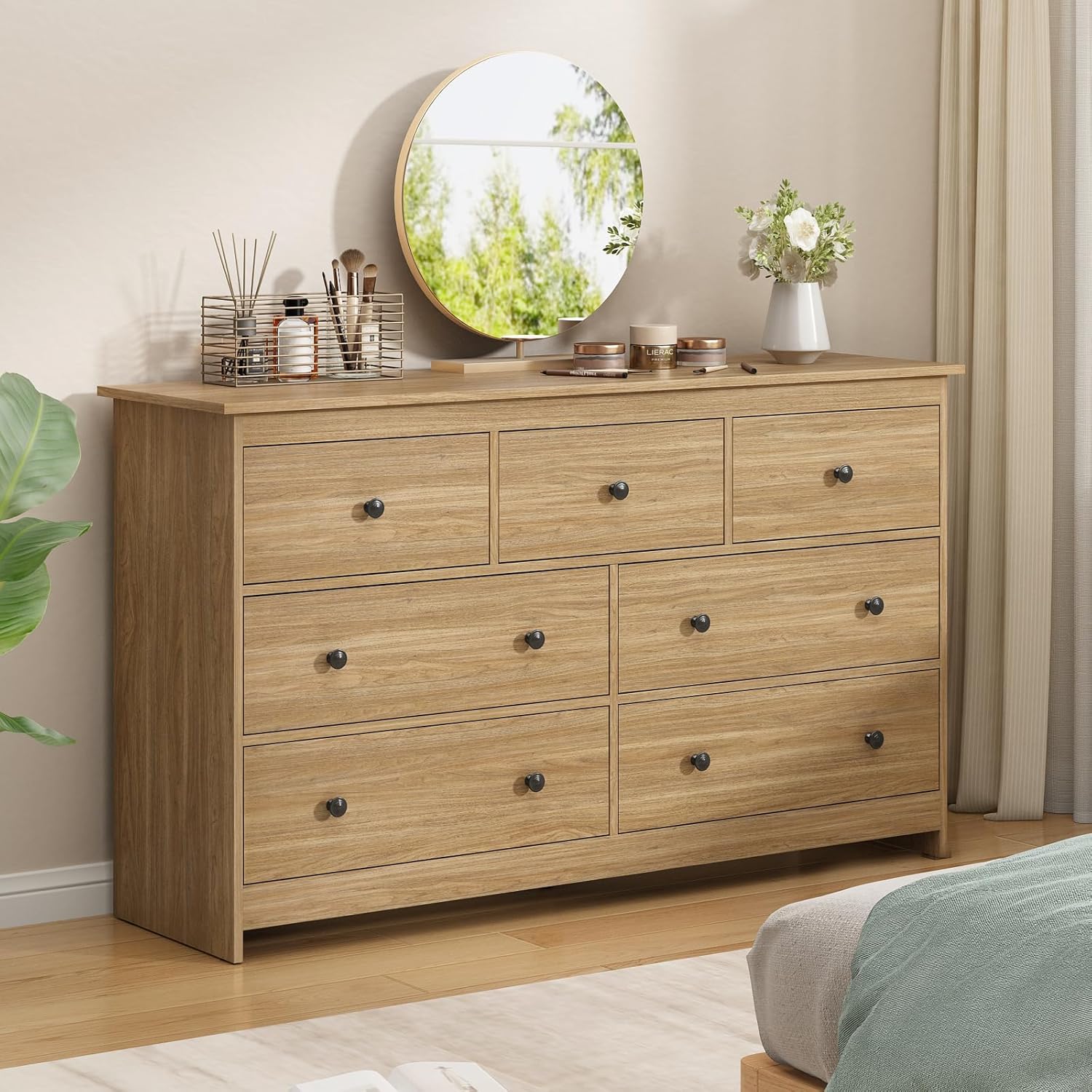 7 Drawer Dresser for Bedroom, Natural Wood Chest - Image 4