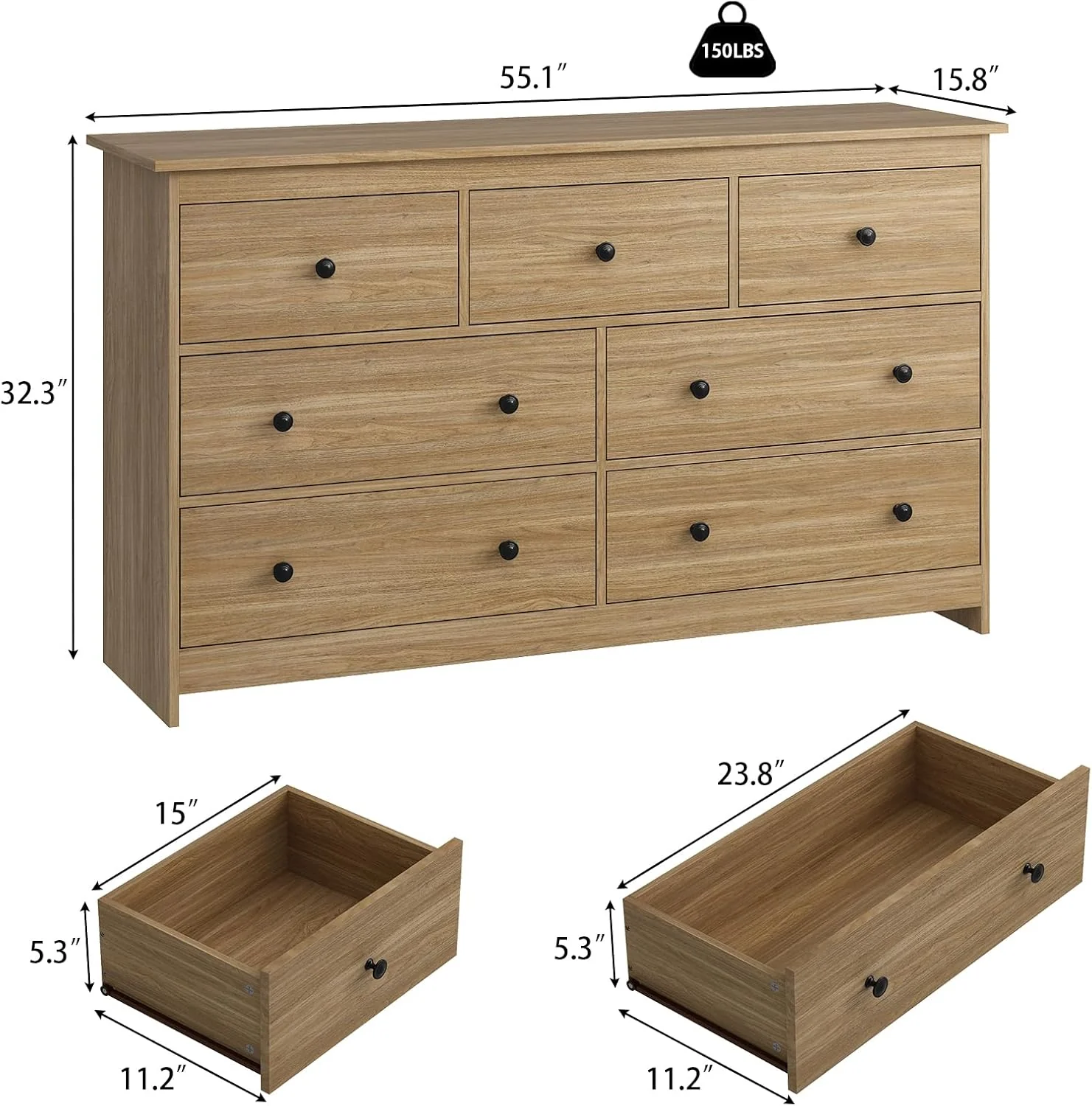 7 Drawer Dresser for Bedroom, Natural Wood Chest - Image 5