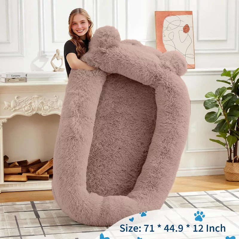Human Dog Bed with Blanket, 2 Side Storage Pockets and Portable Handle, Brown - Image 2