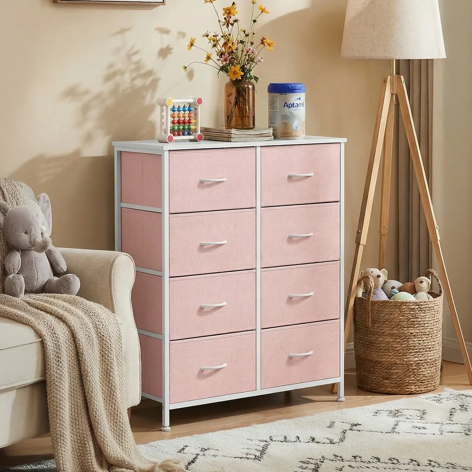 8 Drawers Fabric Dresser, TV Cabinet Sideboard, Pink - Image 2