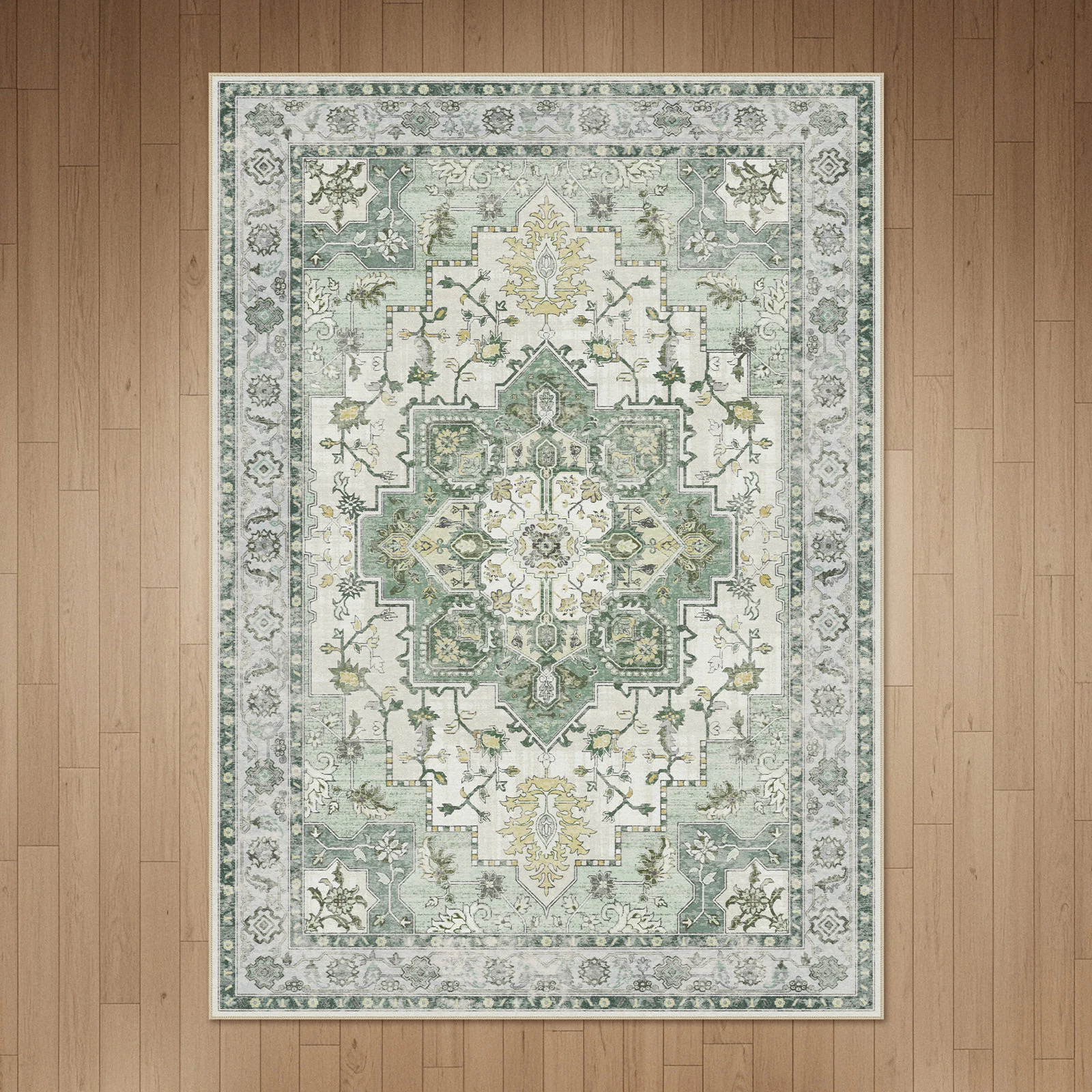 Machine Washable Oriental Green / Ivory Area Rug 8' x 10'