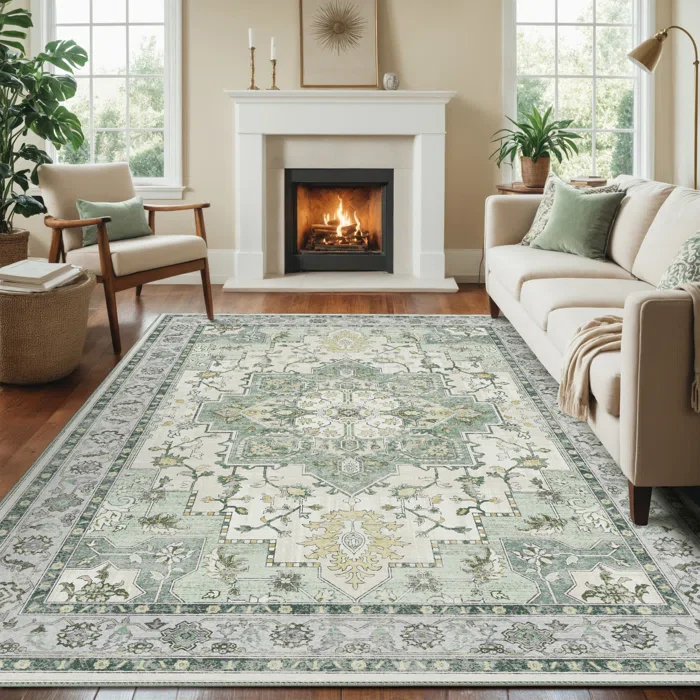 Machine Washable Oriental Green / Ivory Area Rug 8' x 10' - Image 5