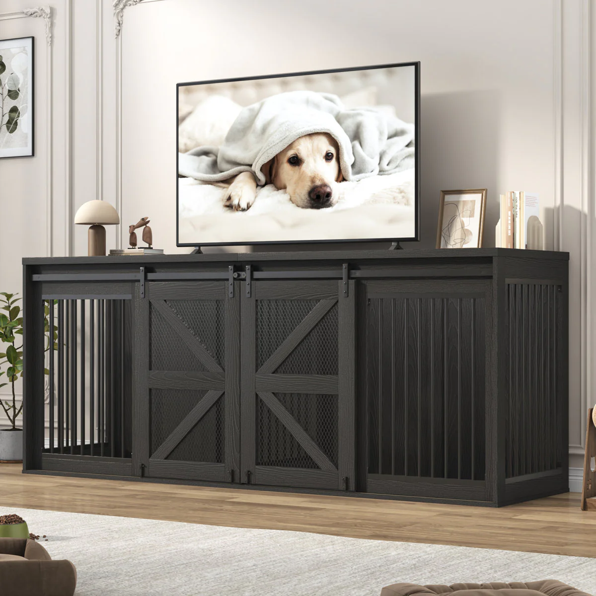 Dog Crate Furniture, Farmhouse Wooden Dog Kennel TV Stand