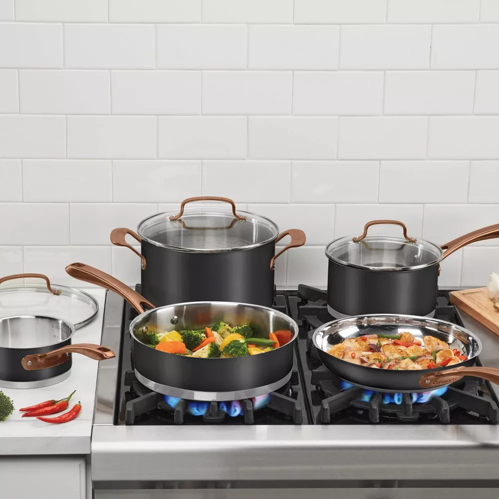 8pc Classic Matte Stainless Steel Cookware Set Black Blush Bronze Handles - Image 5