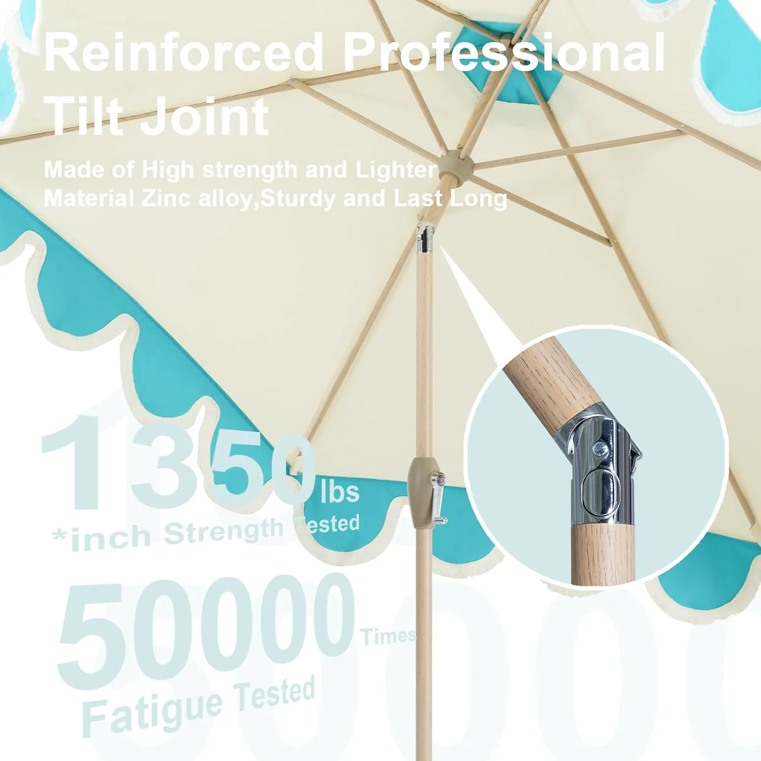 Scalloped Beige Spliced Blue Patio Umbrellas with Fringe - Image 2