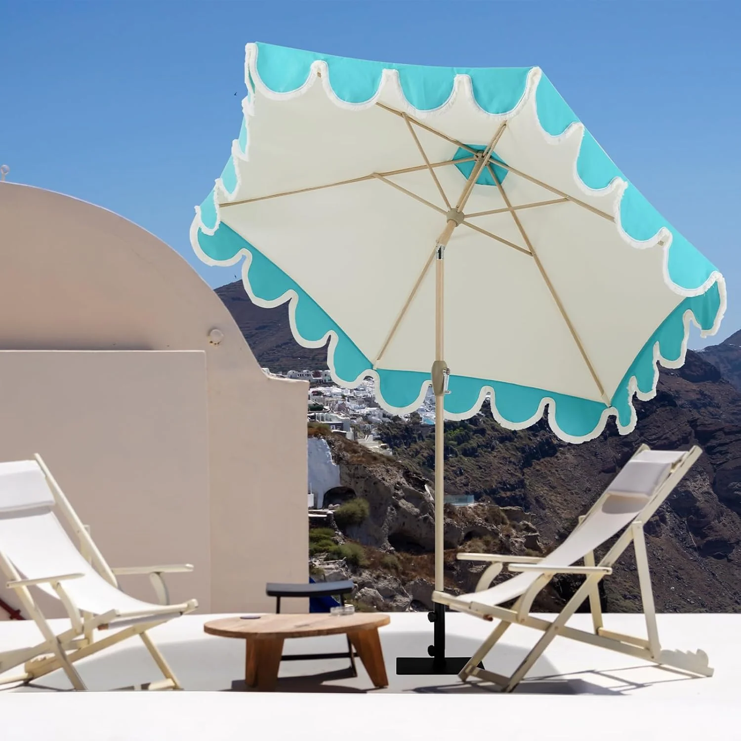 Scalloped Beige Spliced Blue Patio Umbrellas with Fringe - Image 5