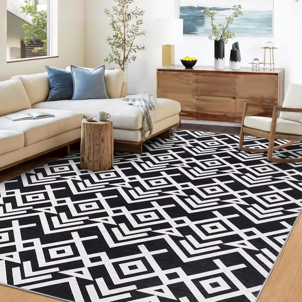 Geometric Washable Area Rugs Stain Resistant Black 9x12 - Image 2