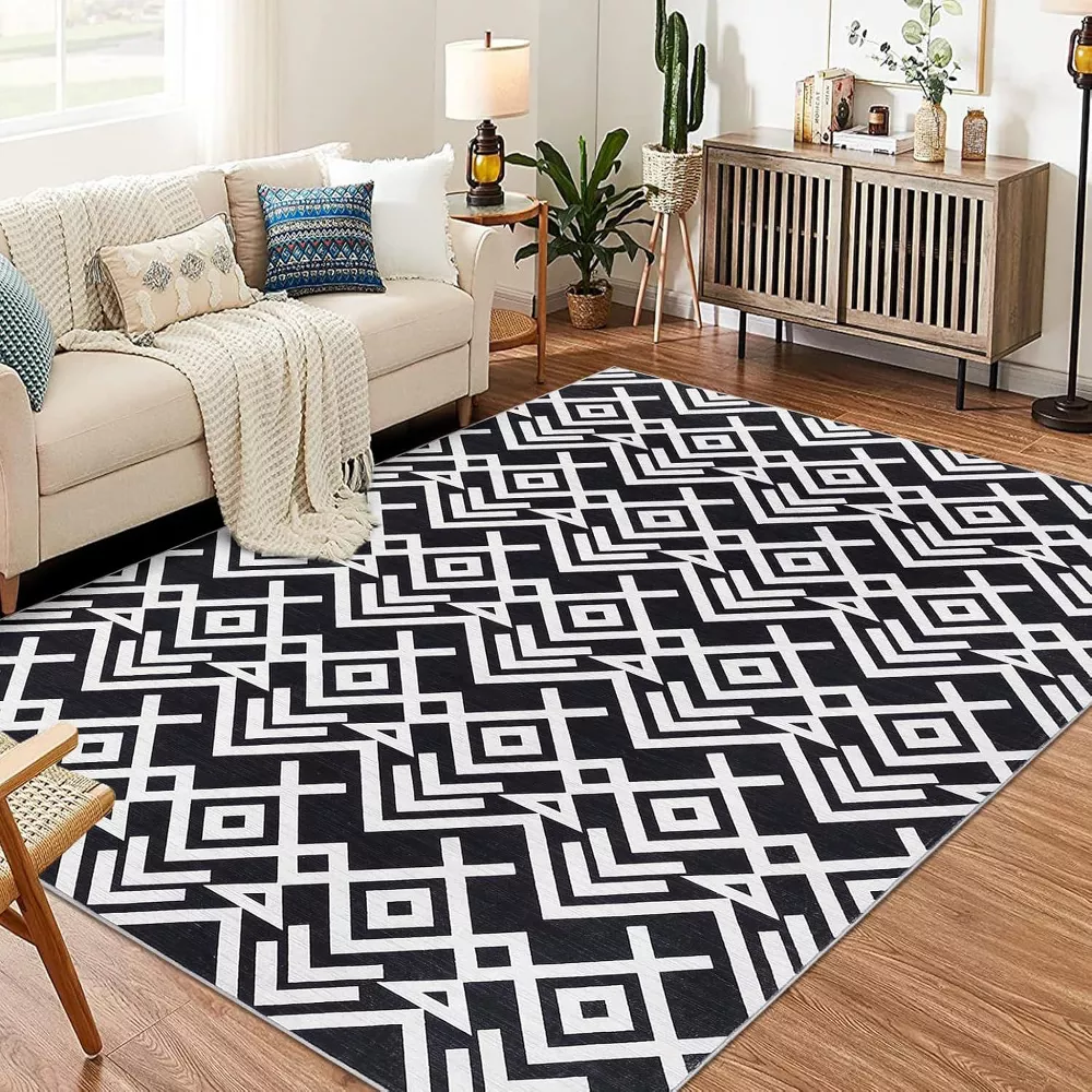 Geometric Washable Area Rugs Stain Resistant Black 9x12 - Image 4