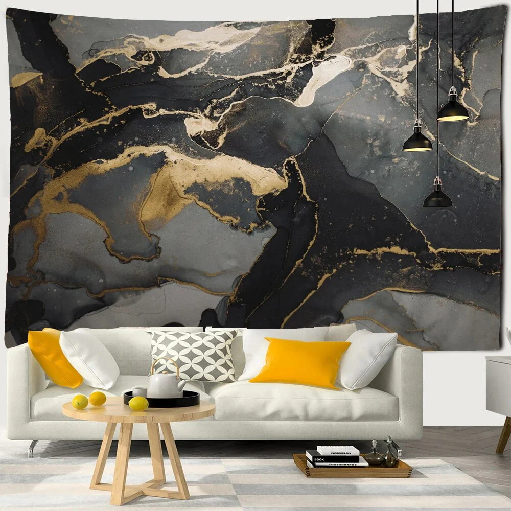 Abstraction Tapestry Wall Hanging Gold Marble Bohemian Hippie Psychedel,