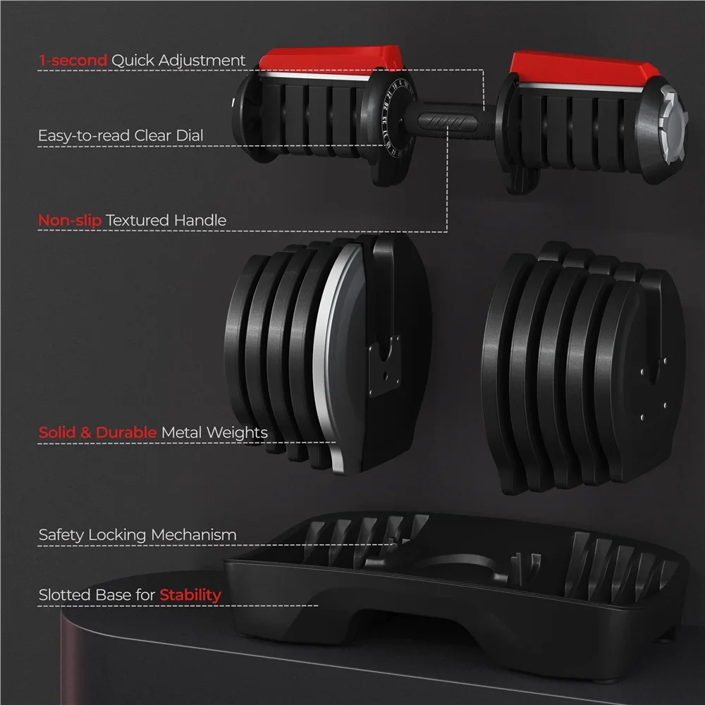 Adjustable Dumbbell Set with Anti-Slip Handle and Tray, Black - Image 4