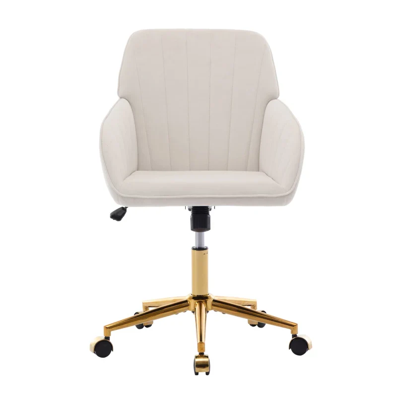 Adjustable Ergonomic Swivel Chair with Velvet Cushion and Lumbar Support, Golden Base, Beige