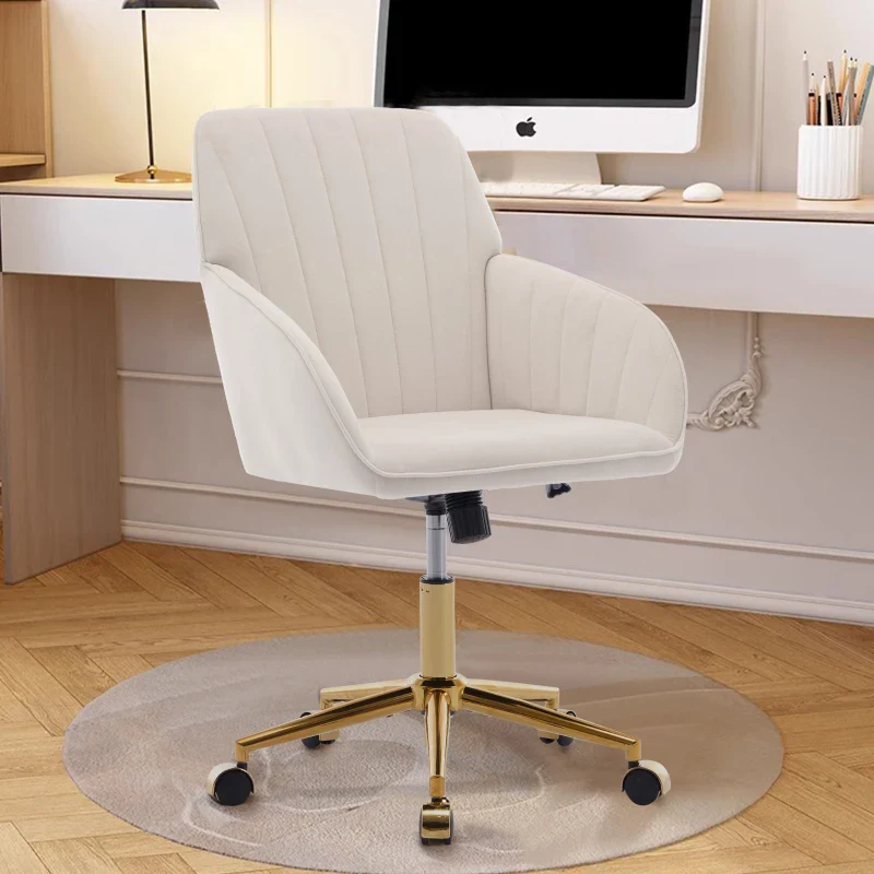 Adjustable Ergonomic Swivel Chair with Velvet Cushion and Lumbar Support, Golden Base, Beige - Image 2