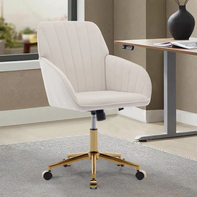 Adjustable Ergonomic Swivel Chair with Velvet Cushion and Lumbar Support, Golden Base, Beige - Image 3