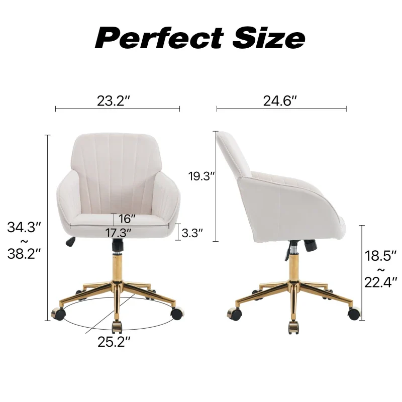 Adjustable Ergonomic Swivel Chair with Velvet Cushion and Lumbar Support, Golden Base, Beige - Image 4