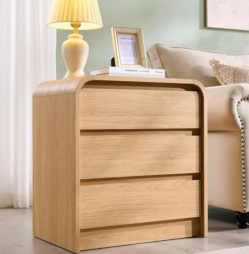 Aitjunz 25" Tall Modern Nightstand with Charging Station, 23.6'' Wide Wood Bedside Table w/3 Storage Drawers, Small Dresser w/Curved Profile Design, End Table for Bedroom, Natural Oak SHOWROOM ITEM
